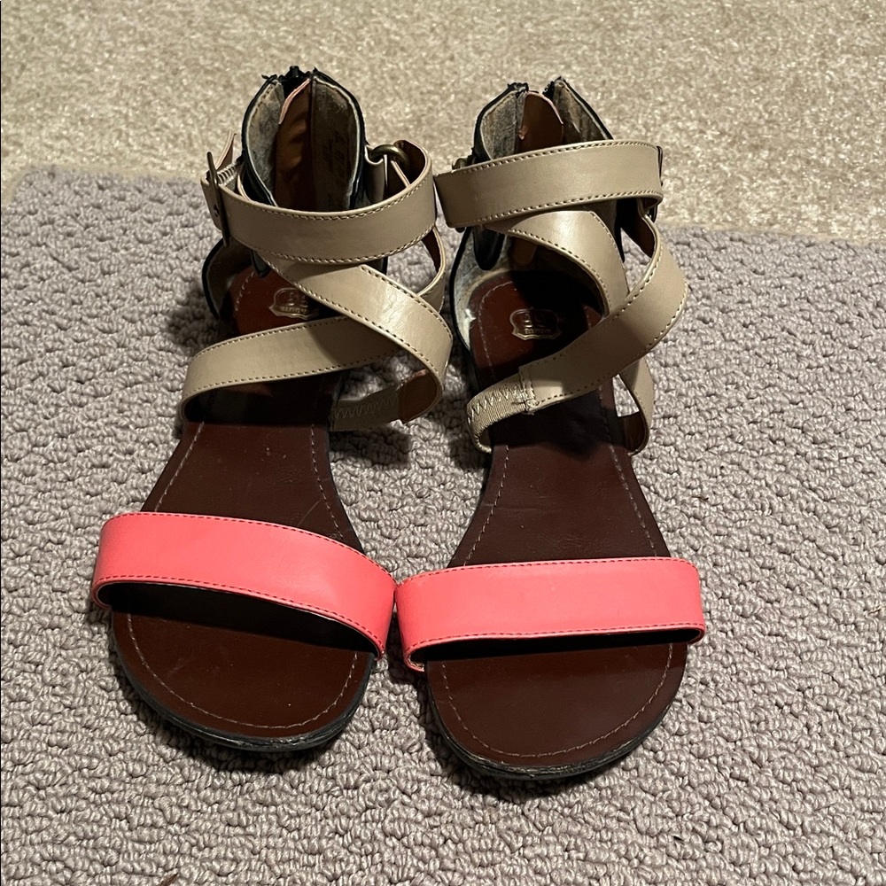 Route 66 Tan Strappy Sandals with Coral Pink Toe Strap